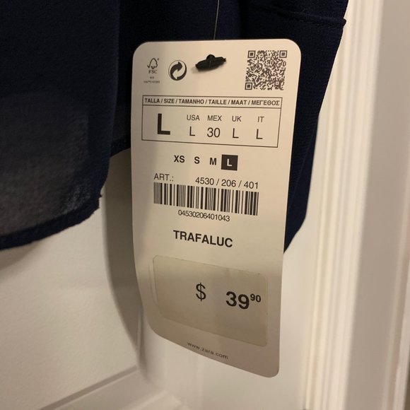 Zara Trafaluc Navy Blue Tie-Neck Sheer Button-up Long-Sleeve Blouse (US Size L) - Picture 8 of 9